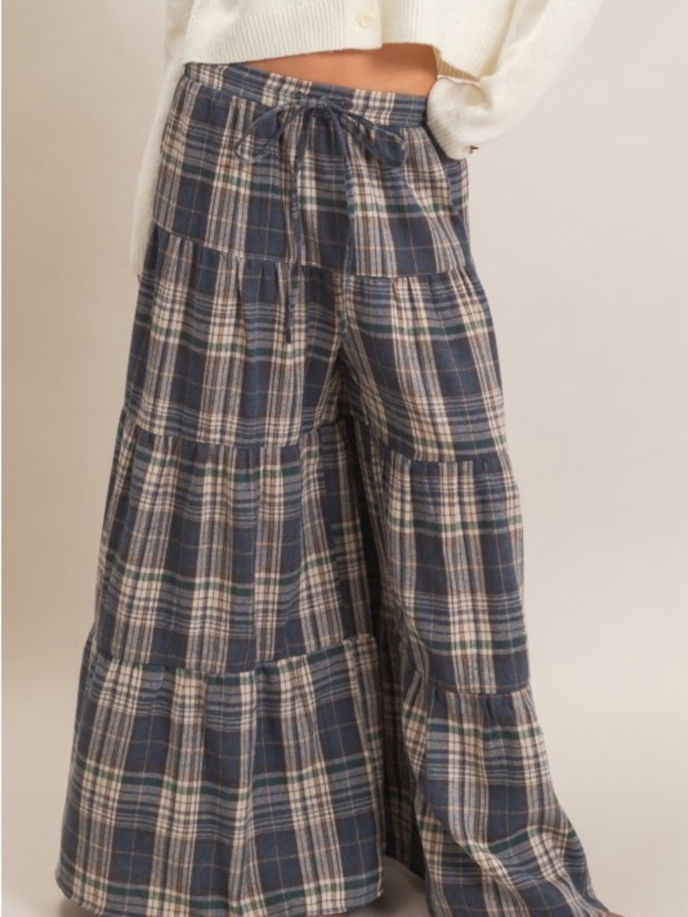 Plaid palazzo tiered wide leg pants